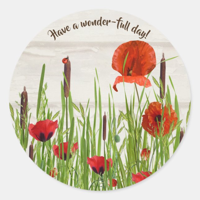 Sticker Rond bestiole de dame sur des coquelicots rouges avec d (Devant)