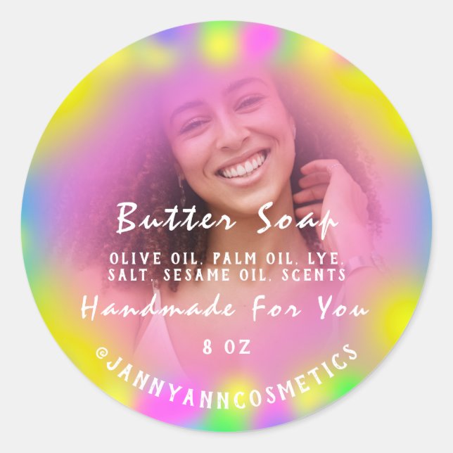 Sticker Rond Beurre Soap Cosmétique Photo Rose Holographe Girly (Devant)