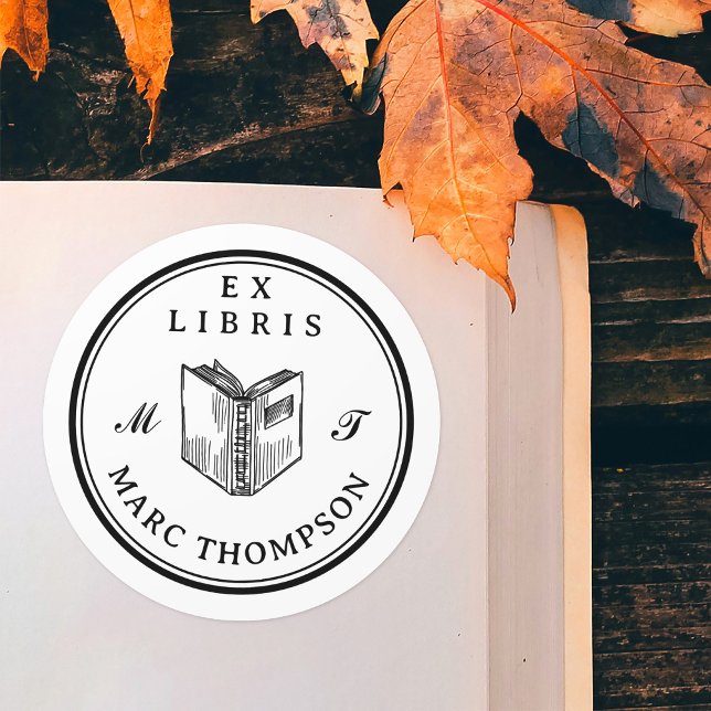 Sticker Rond Bibliothèque Monogramme classique de livres ouvert (Créateur téléchargé)