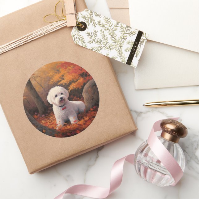 Sticker Rond Bichon Frise à l'automne Feuilles automne Inspire (Cadeaux)