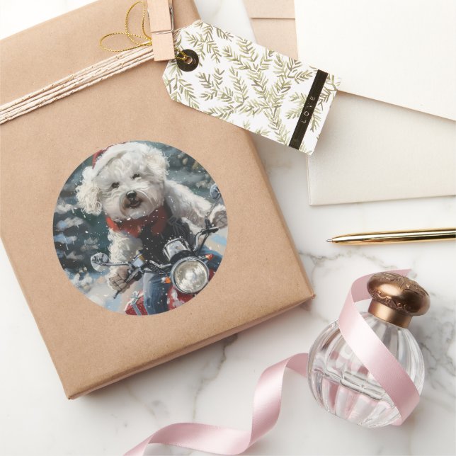 Sticker Rond Bichon Frise Chien équitation Moto Noël (Cadeaux)