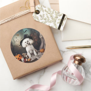 Sticker Rond Bichon Frise Citrouilles Halloween effrayant