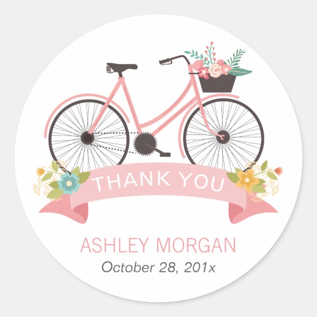 Sticker Rond Bicyclette florale mignonne Merci rose (Devant)