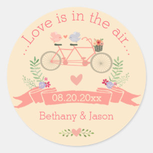 Sticker Rond Bicyclette Tandem, Oiseaux et Mariage de bannières