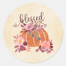 Sticker Rond Bienheureux - Citrouille d'automne avec fleurs ros