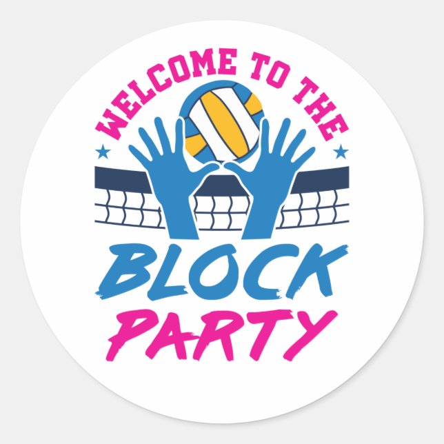 Sticker Rond Bienvenue à Block Party Volleyball joueur drôle (Devant)