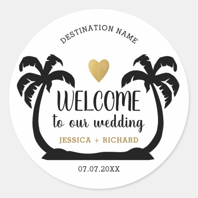 Sticker Rond Bienvenue À Destination Mariage Palm Tropical (Devant)