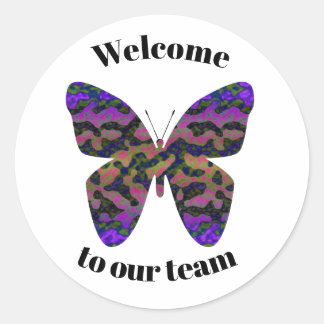 Sticker Rond Bienvenue à notre équipe Papillon Vibrant Nouveau