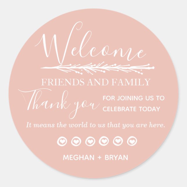 Sticker Rond Bienvenue Famille amis Mariage rose (Devant)