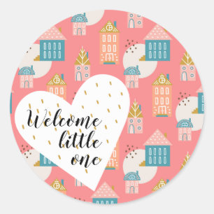 Sticker Rond Bienvenue Little One Boho Baby coeurs maisons Scan