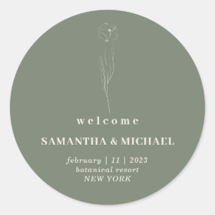 Sticker Rond Bienvenue Mariage Fleur Beige Vert Sauge