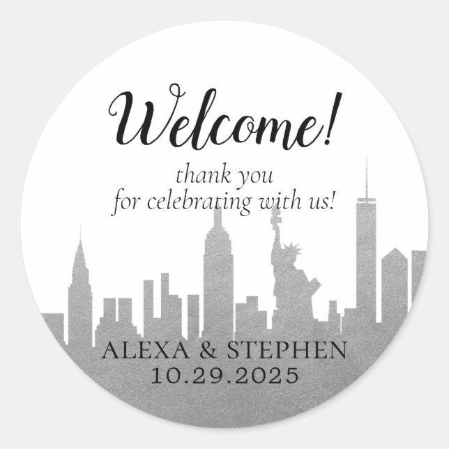 Sticker Rond Bienvenue Mariage New York City NYC Skyline Silver (Devant)