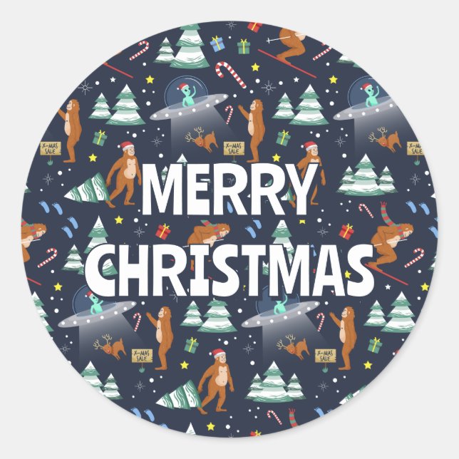 Sticker Rond Big Foot, Aliens, & Reindeer Sci-Fi Noël (Devant)