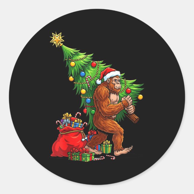 Sticker Rond Bigfoot Christmas Tree Xmas Lights Funny Sasquatch (Devant)