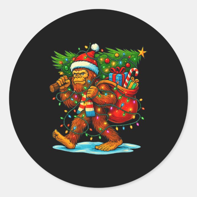 Sticker Rond Bigfoot Christmas Tree Xmas Sasquatch Funny Lights (Devant)