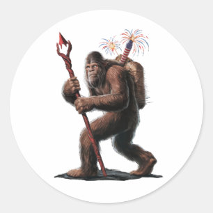 Sticker Rond Bigfoot Feux d'Artifice 4 juillet Drapeau Usa Sasq