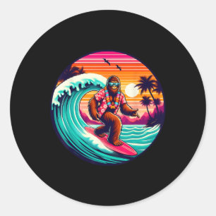 Sticker Rond Bigfoot Rétro Surf Tropical Sasquatch Surfeur