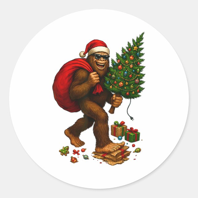 Sticker Rond Bigfoot Santa Christmas Tree Lights Xmas Boys Men  (Devant)