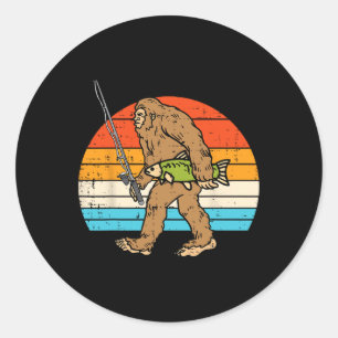 Sticker Rond Bigfoot Sasquatch Pêche Retro Pêcheur Hommes Femme