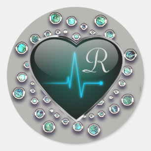 Sticker Rond Bijou coeur EKG look gris noir bleu médical