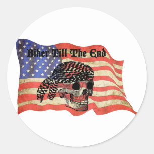 Sticker Rond Biker jusqu'au bout crâne USA Drapeau art