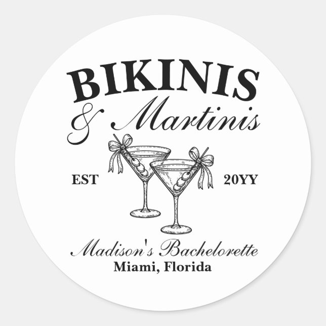 Sticker Rond Bikinis et Martinis Bachelorette (Devant)