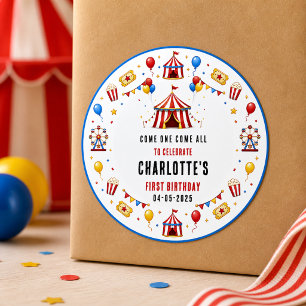 Sticker Rond Billet de cirque rouge moderne pour 1er anniversai