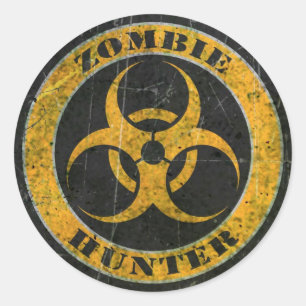 Sticker Rond Bio chasseur jaune rayé de zombi de risque