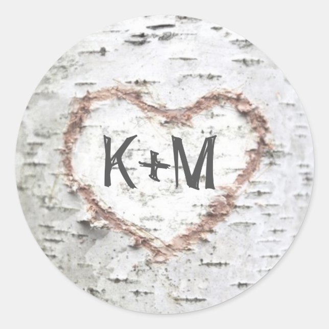 Sticker Rond Birch Bark Heart Rustic Mariage (Devant)