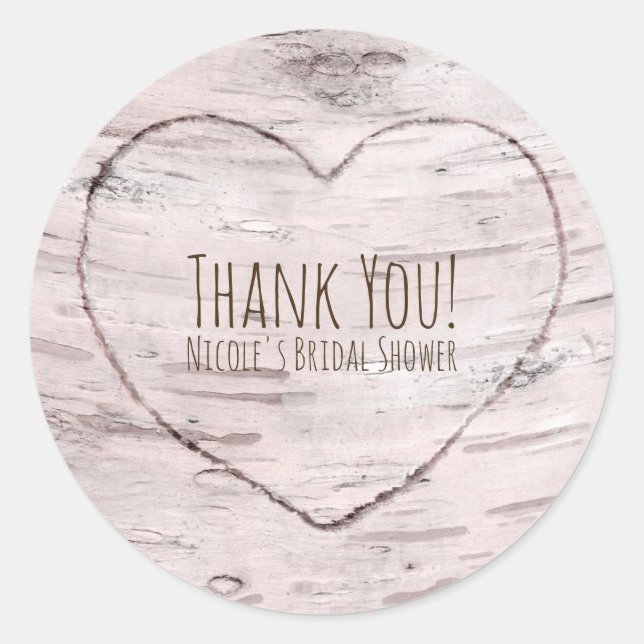 Sticker Rond Birch Tree & Coeur sculpté Mariage rustique Favori (Devant)