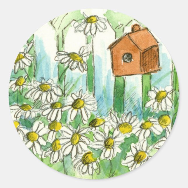 Sticker Rond Birdhouse Daisy Garden Aquarelle Fleurs (Devant)