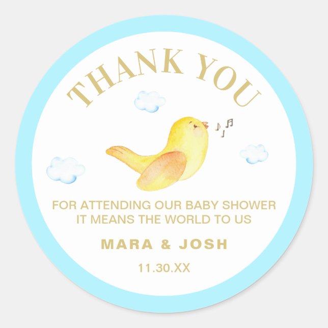 Sticker Rond *~* Birdie Jaune Ciel Bleu Bébé Douche Merci (Devant)