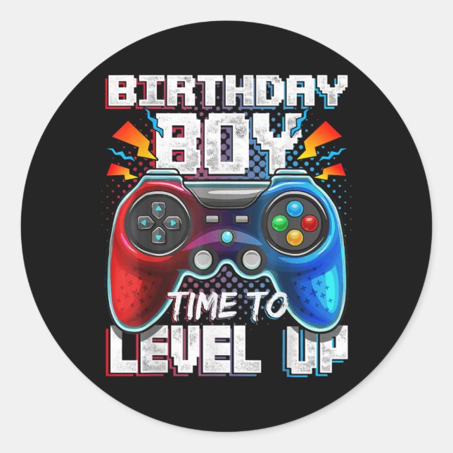 Sticker Rond Birthday Boy Time Gamer Level Up Video Game (Devant)