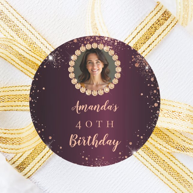 Sticker Rond Birthday burgundy rose gold photo diamonds (Créateur téléchargé)