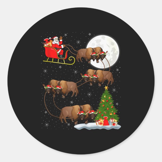 Sticker Rond Bison Santa Sleigh Flying Funny Magical Christmas  (Devant)