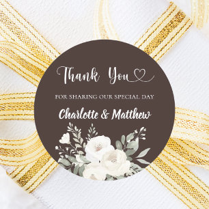 Sticker Rond Bister brown white florals coeur merci mariage