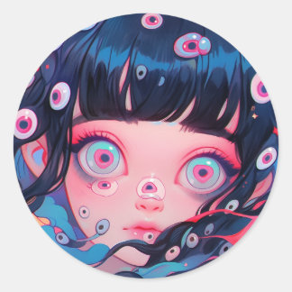 Sticker Rond Bizarre Déplaisante mignonne Anime Girl