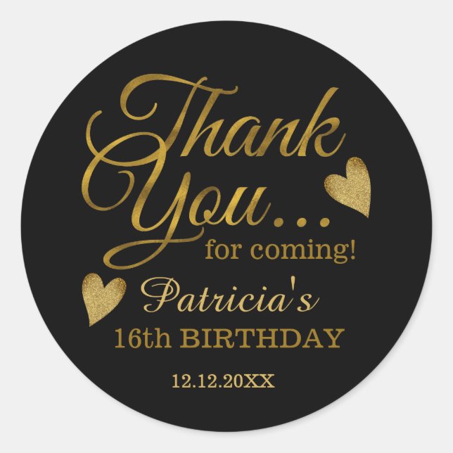 Sticker Rond Black And Gold Sweet 16e Merci de fête d'anniversa (Devant)