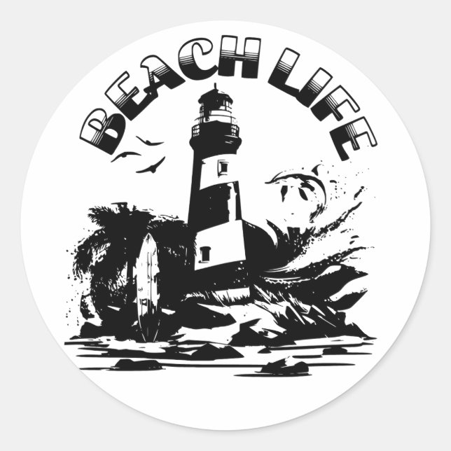 Sticker Rond Black and White Lighthouse Beach Life (Devant)