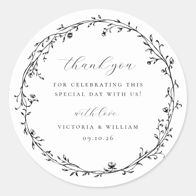 Sticker Rond Black Botanical Wreath Wedding Favor (Devant)
