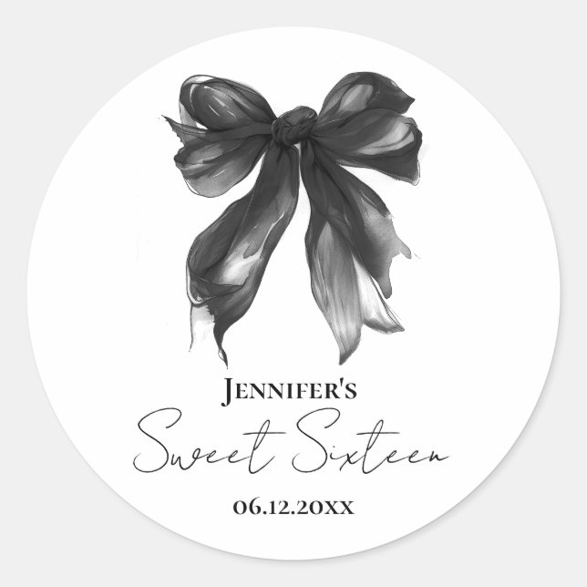 Sticker Rond Black Bow Coquette Script Sweet 16 Party (Devant)