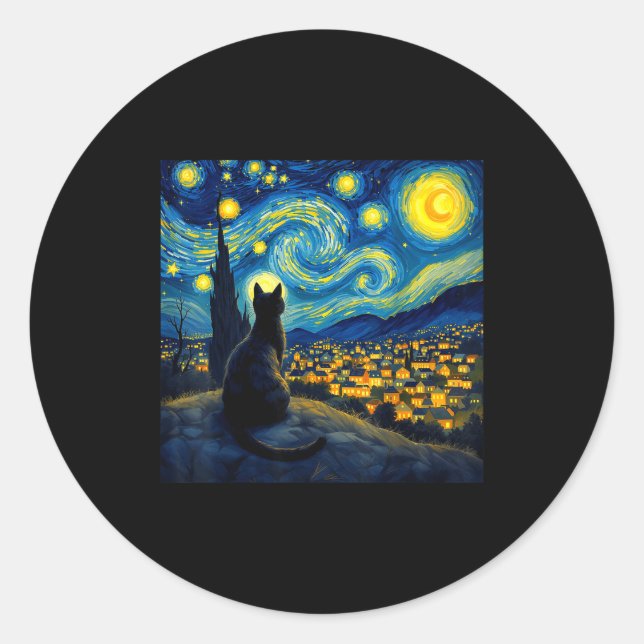 Sticker Rond Black Cat Funny Cat Lover Mom Daddy Starry Night V (Devant)