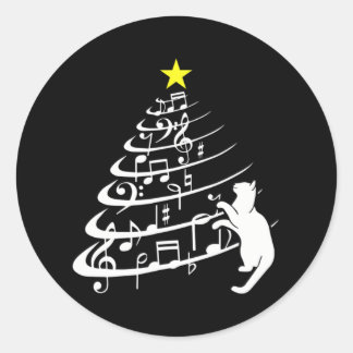 Sticker Rond Black Cat Music Note de Noël Musicien Feline