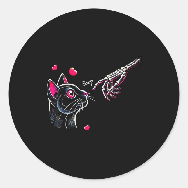 Sticker Rond Black Cat Skeleton Hand Boop Valentine's Day Pet O (Devant)