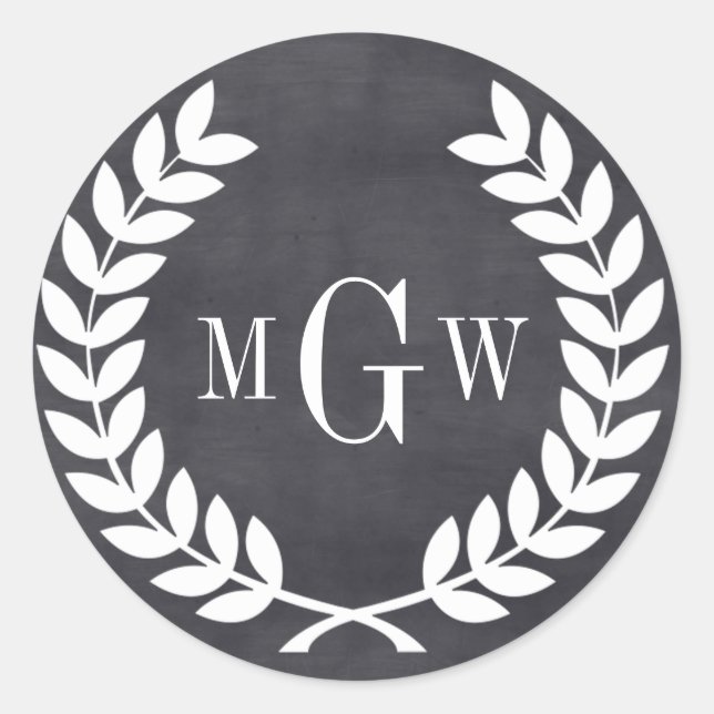 Sticker Rond Black Chalkboard Laurel Wreath Monogram Env Seal (Devant)