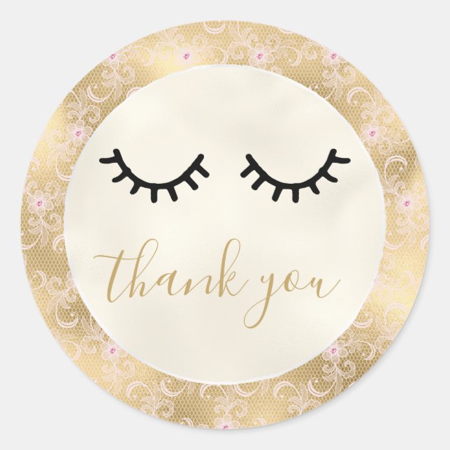 Sticker Rond Black Eyelashes Gold Rose dentelle Merci (Devant)