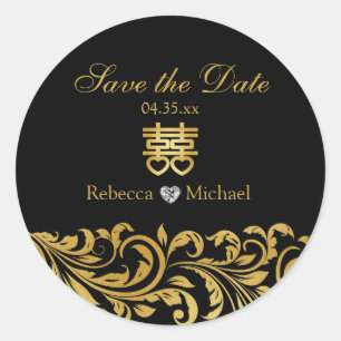 Sticker Rond Black & Gold Damask, Chinois Double Bonheur