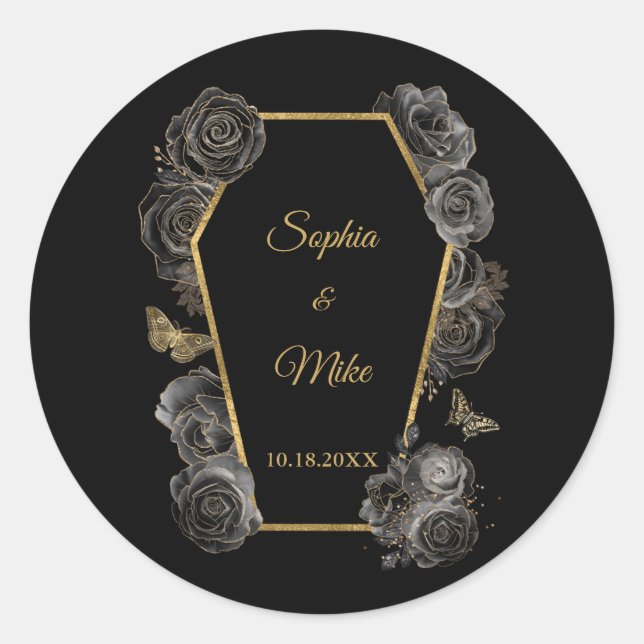 Sticker Rond Black & Gold Rose café gothique élégant mariage (Devant)