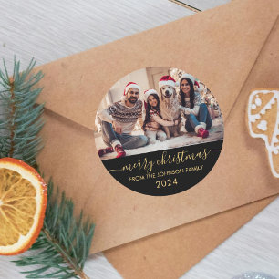 Sticker Rond Black Gold Script Family Photo Joyeux Noël