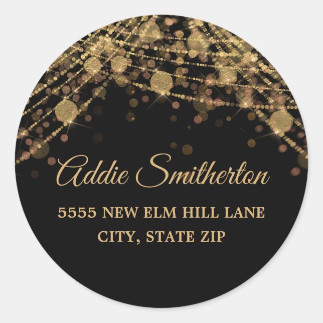 Sticker Rond Black Gold String Lights Bokeh Adresse de retour (Devant)